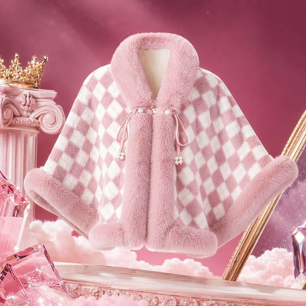 Pink checkered plush cape women's warm autumn and winter shawl coat is fashionable and casual Specification image