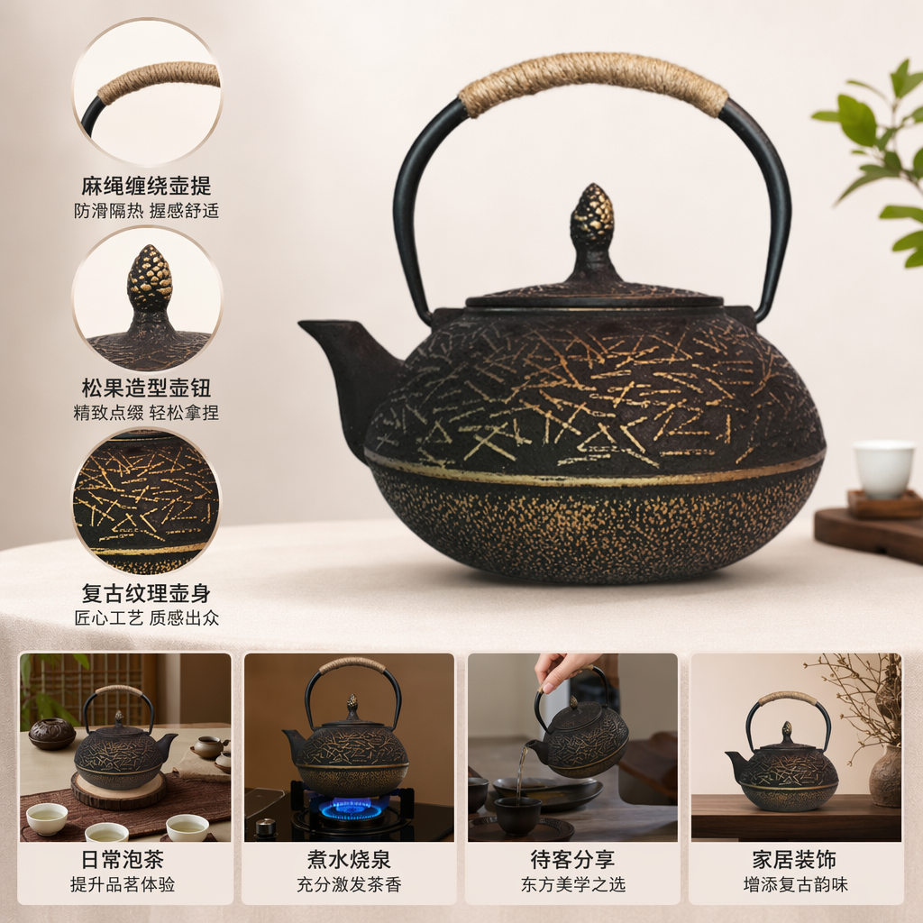 黑色金纹铁壶 日式煮茶养生壶 家用烧水壶 茶道专用