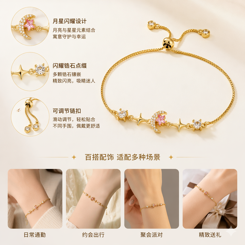 金色月亮星星主题手链 三色宝石装饰时尚饰品 Fashion Jewelry