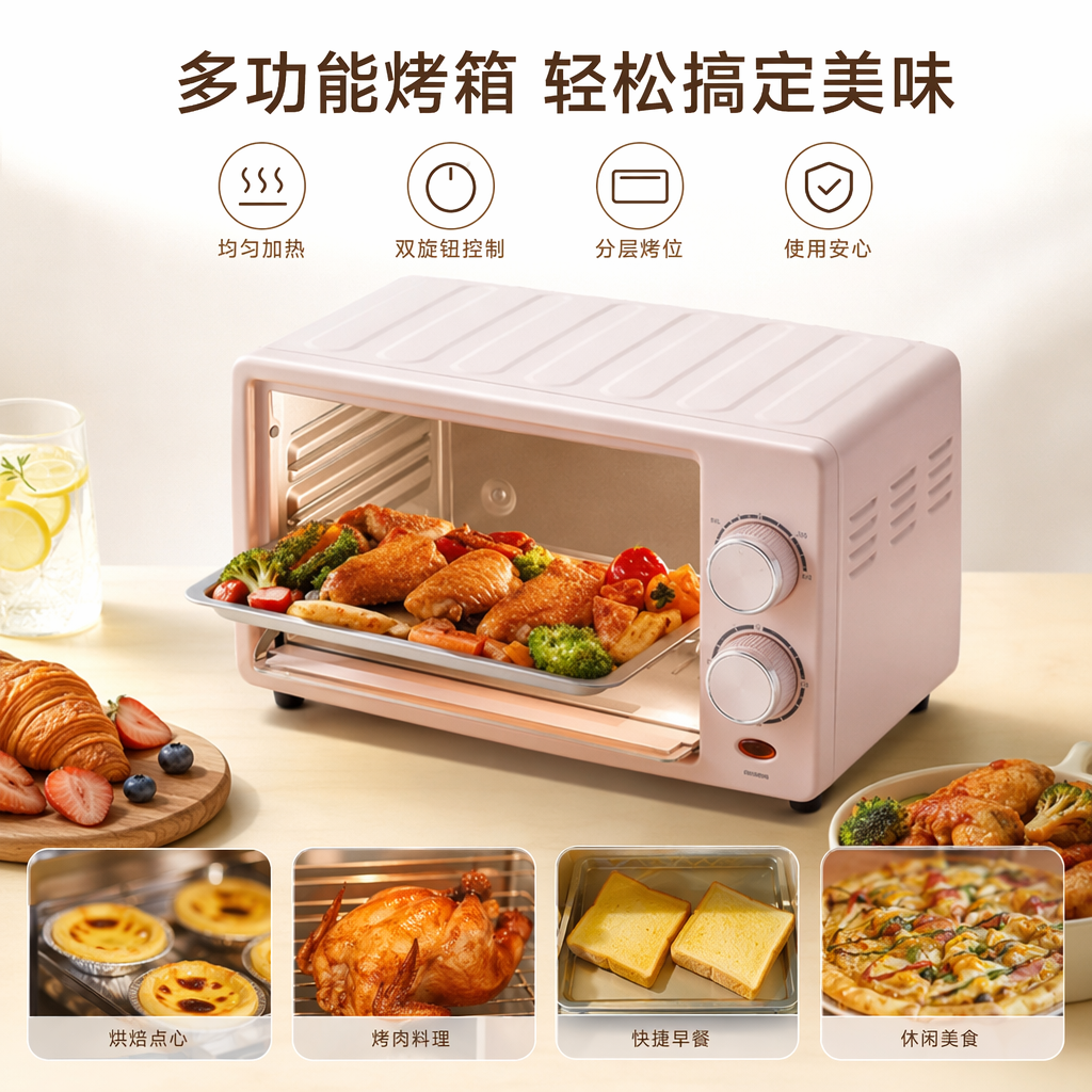 粉色家用烤箱 门打开式设计 内置烤鸡块蔬菜场景图