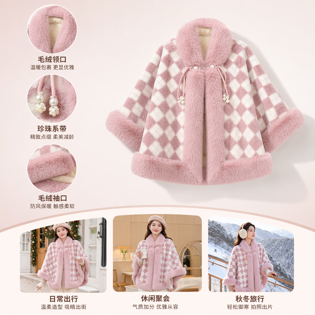 Pink checkered plush cape women's warm autumn and winter shawl coat Pink checkered plush cape women's warm autumn and winter shawl coat