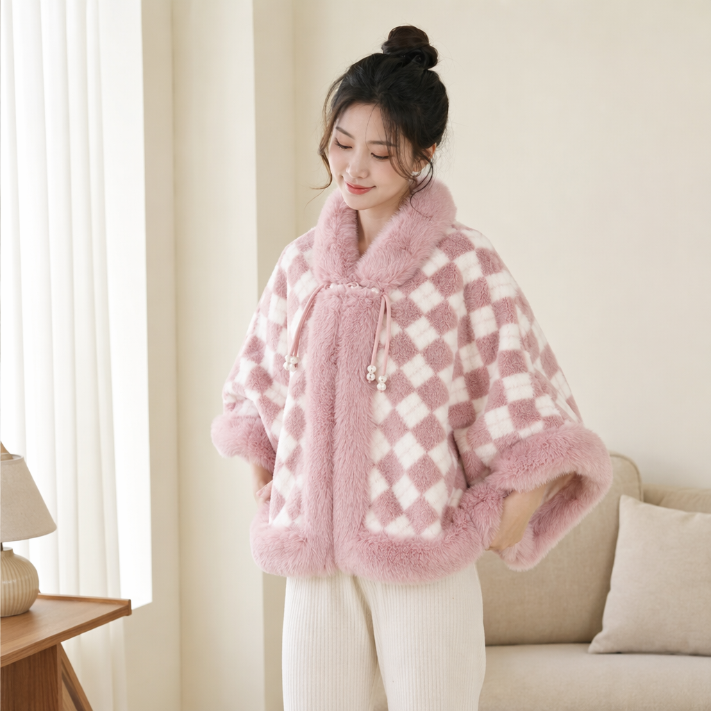 Pink checkered plush cape women's warm autumn and winter shawl coat details Picture