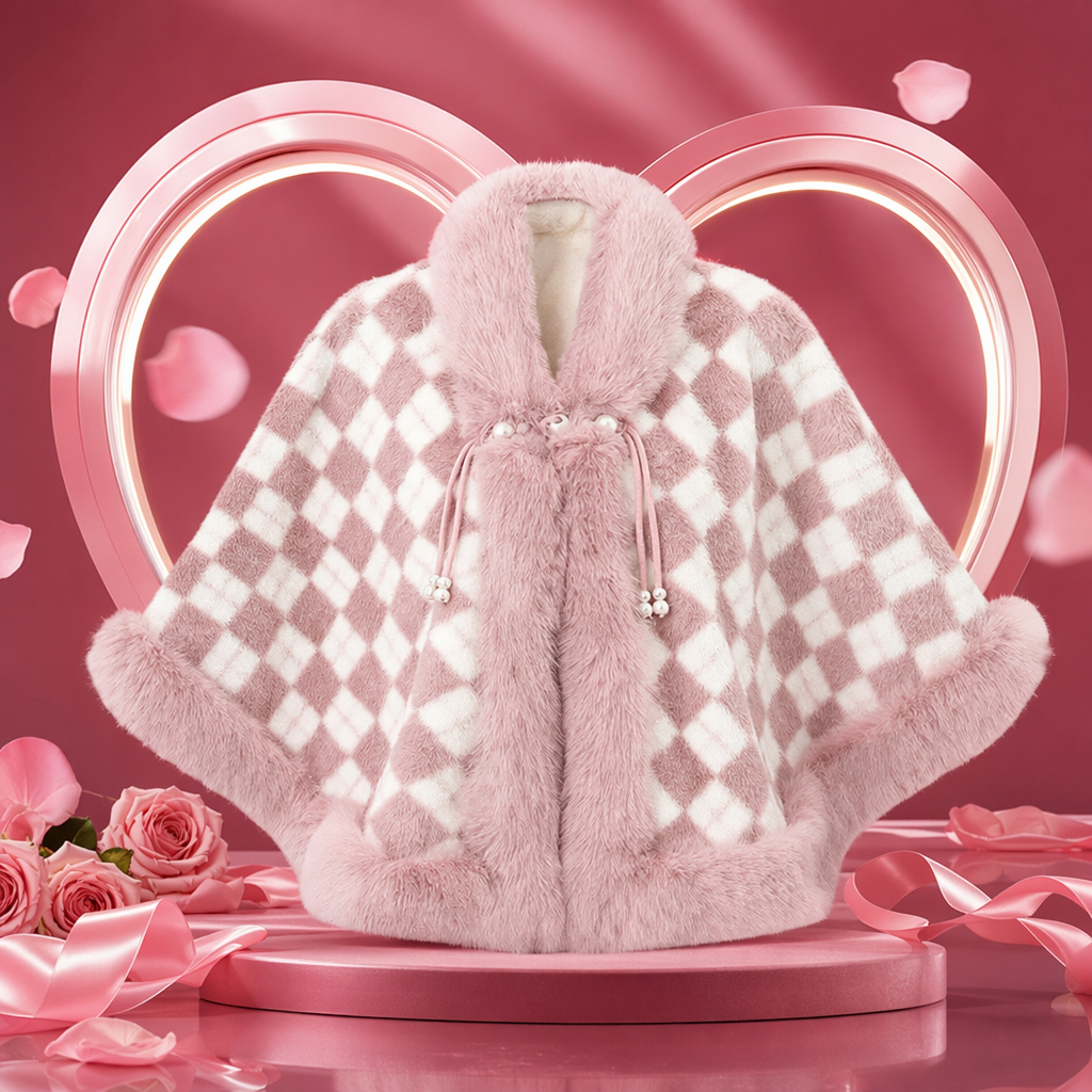 Pink checkered plush cape women's warm autumn and winter shawl coat Specification image