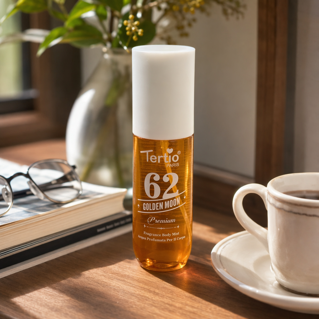 Tertio 62 Golden Moon Orange bottle, white cap Perfume Body Spray details Picture
