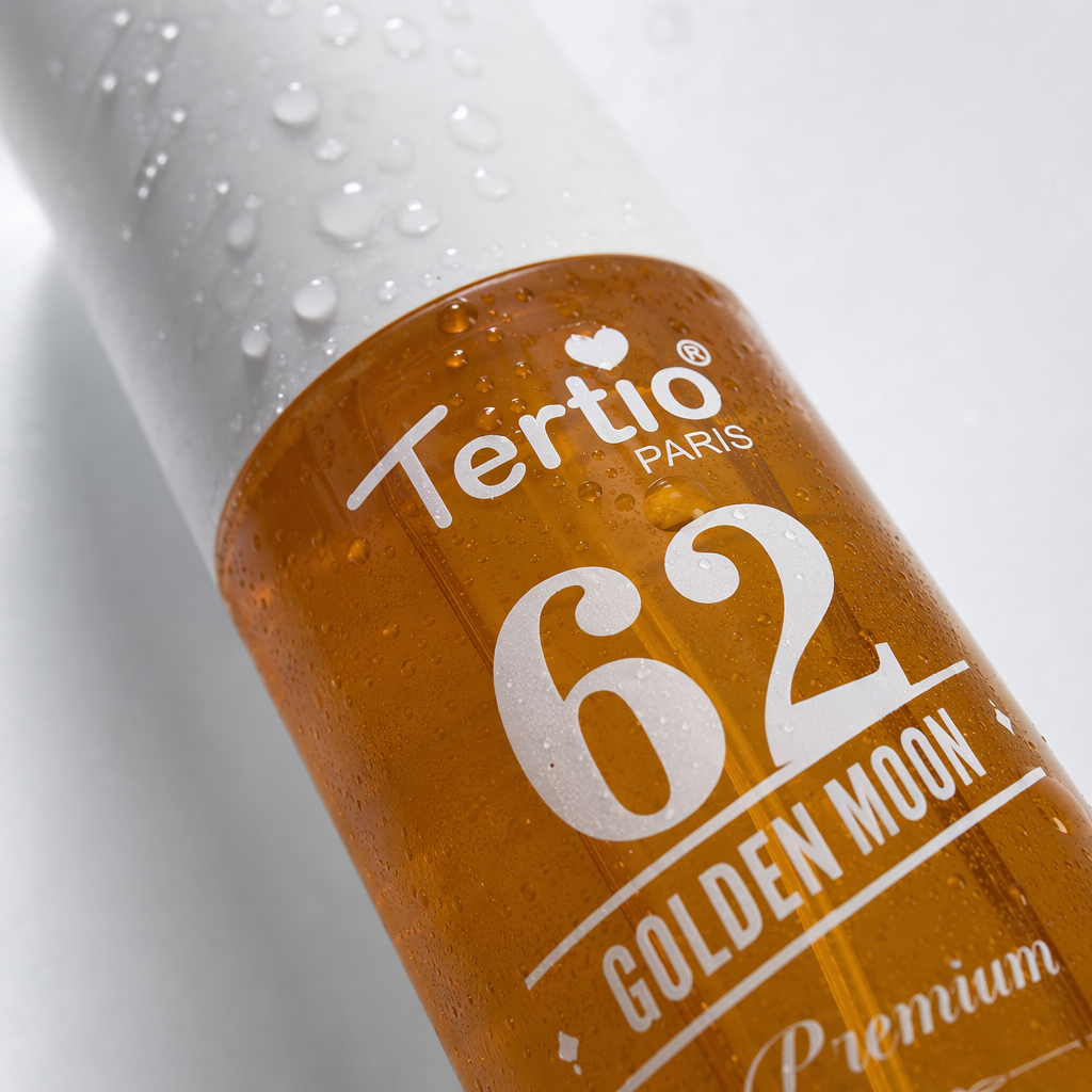 Tertio 62 Golden Moon Orange bottle, white cap Perfume Body Spray Application Scenario