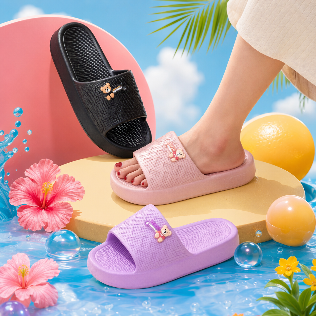 Black and pink cartoon slippers for women, summer home, anti-slip soft soled couple style Specification image