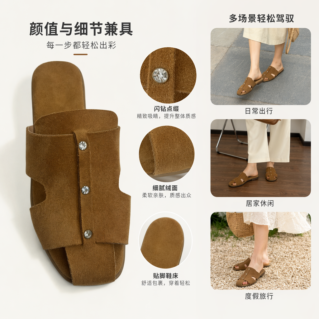 Brown suede women's flip-flops are comfortable, anti-slip and soft-soled summer casual home shoes