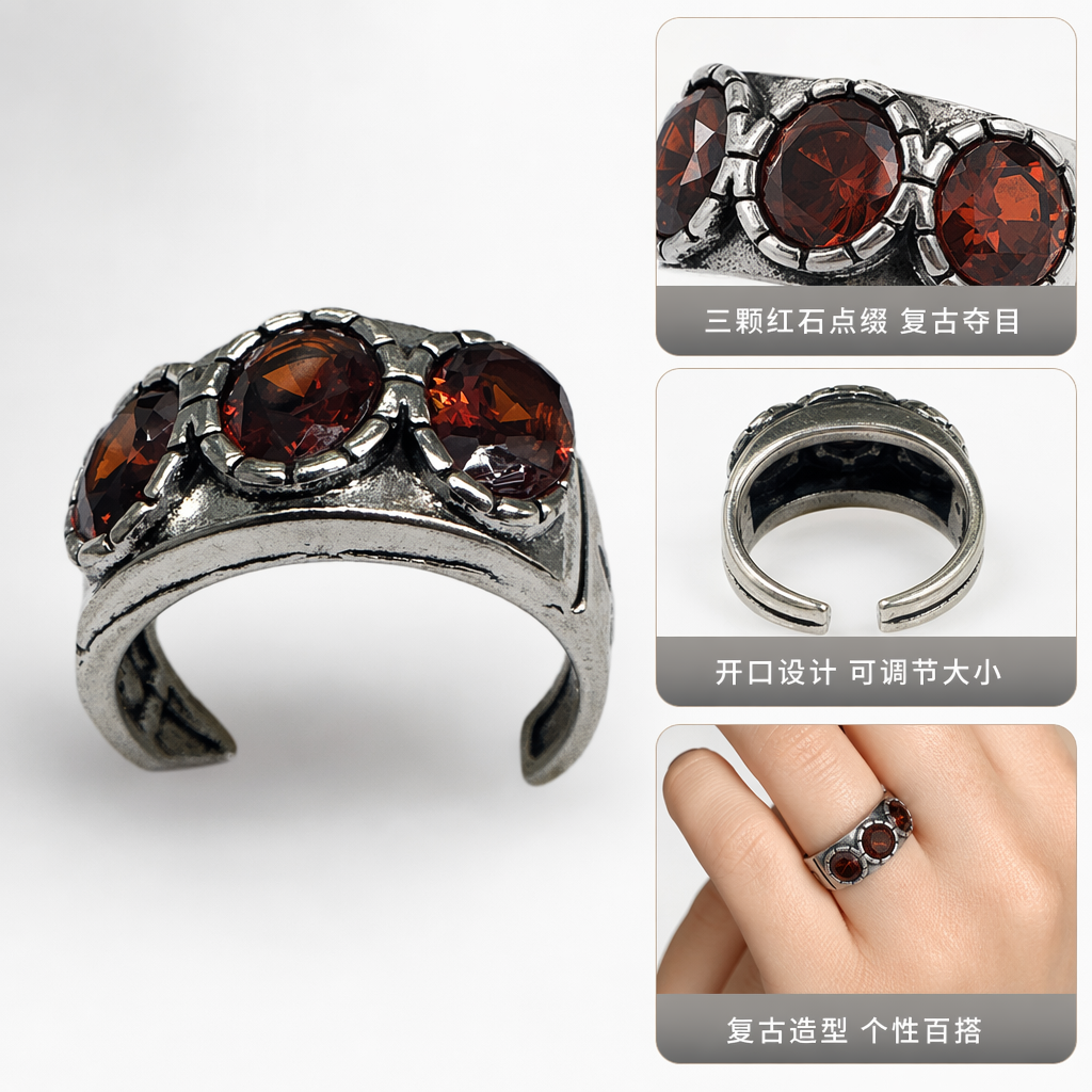 银色三颗红宝石戒指 时尚简约女士指环