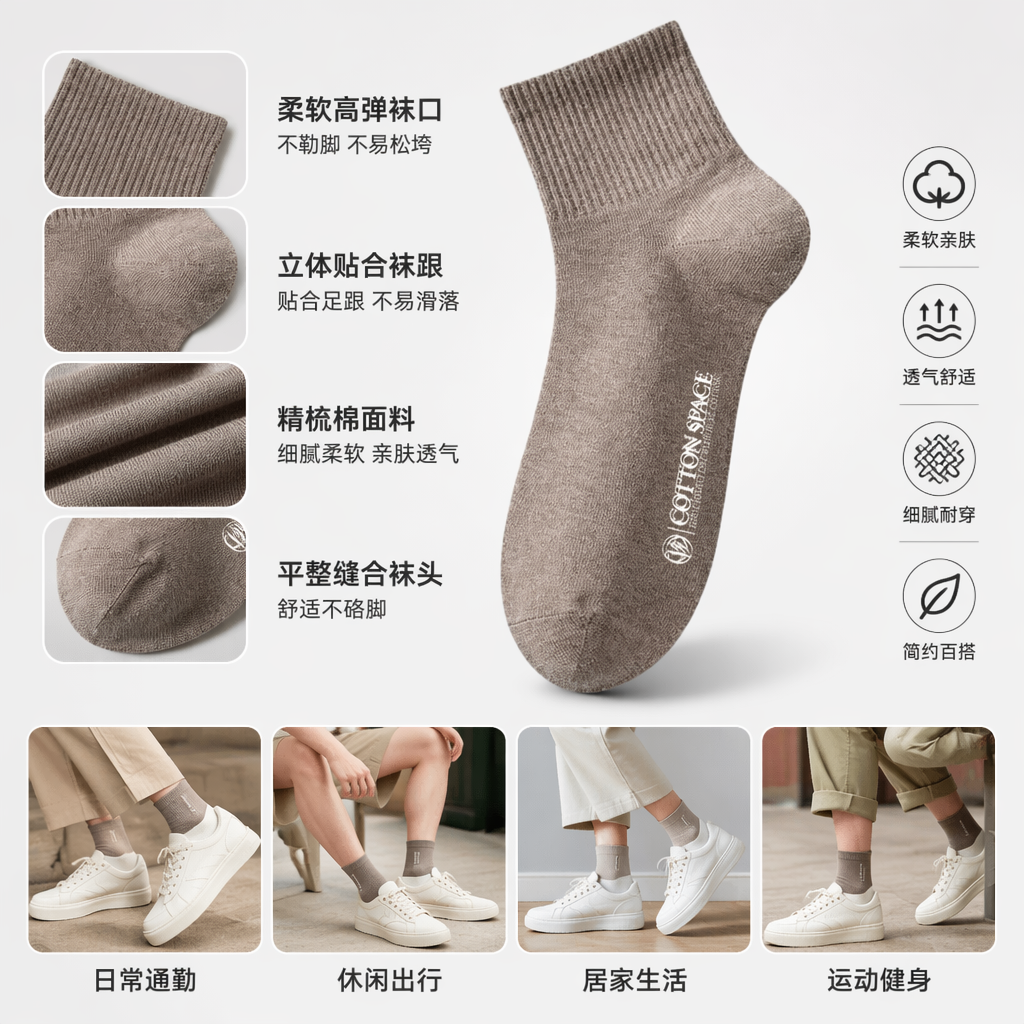 驼色短筒男袜纯棉吸汗透气商务休闲袜