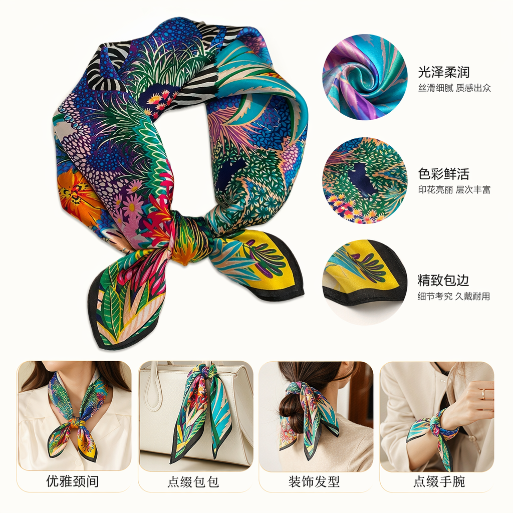 The colorful printed silk scarf is light, breathable and elegant, making it a versatile accessory for spring and summer