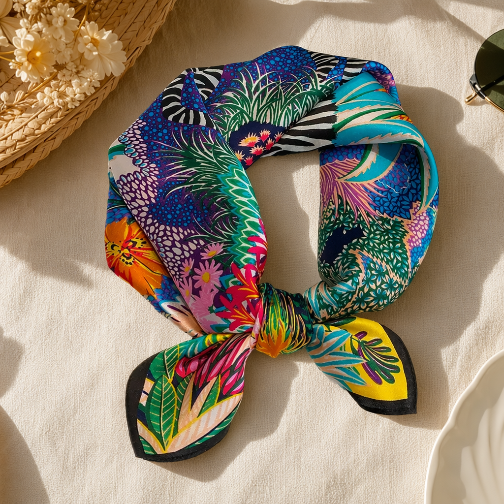 The colorful printed silk scarf is light, breathable and elegant, making it a versatile accessory for spring and summer details Picture