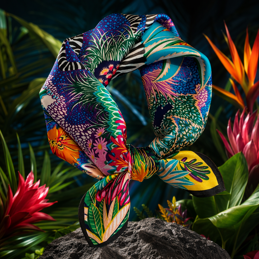 The colorful printed silk scarf is light, breathable and elegant, making it a versatile accessory for spring and summer Specification image