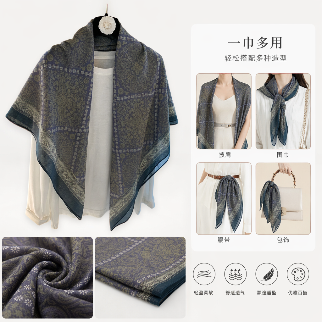 Purple-patterned pure cotton scarf is warm, soft and versatile as an autumn and winter accessory