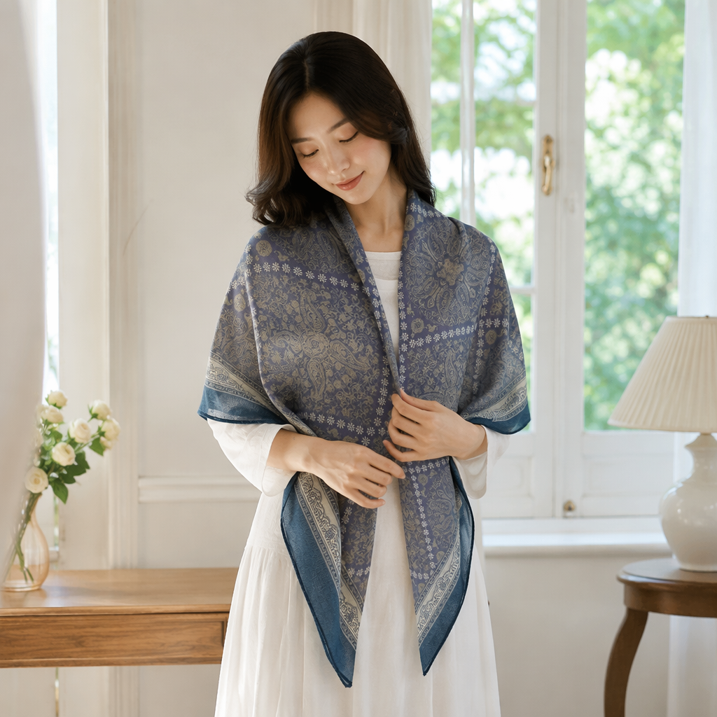 Purple-patterned pure cotton scarf is warm, soft and versatile as an autumn and winter accessory details Picture
