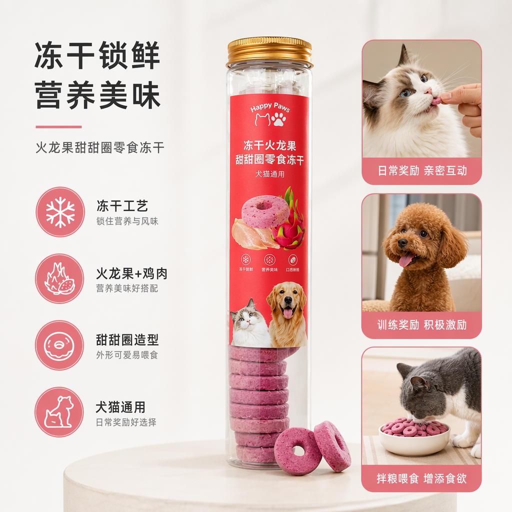 宠物冻干零食火龙果甜甜圈透明圆柱瓶金色瓶盖