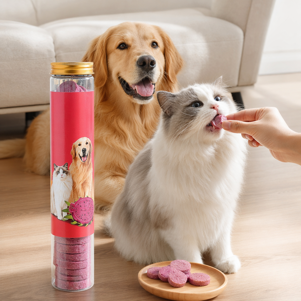 Pet freeze-dried snack: Dragon fruit doughnut, transparent cylindrical bottle with golden cap details Picture
