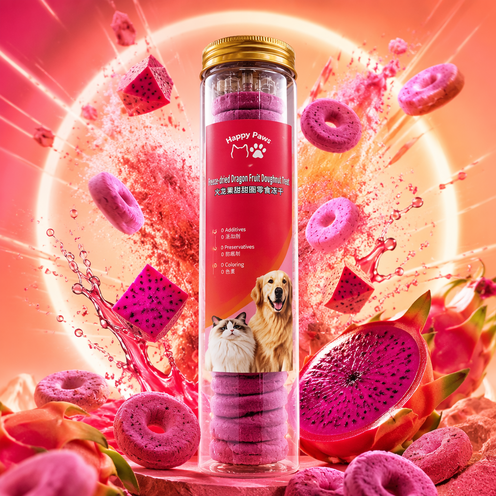 Pet freeze-dried snack: Dragon fruit doughnut, transparent cylindrical bottle with golden cap Specification image