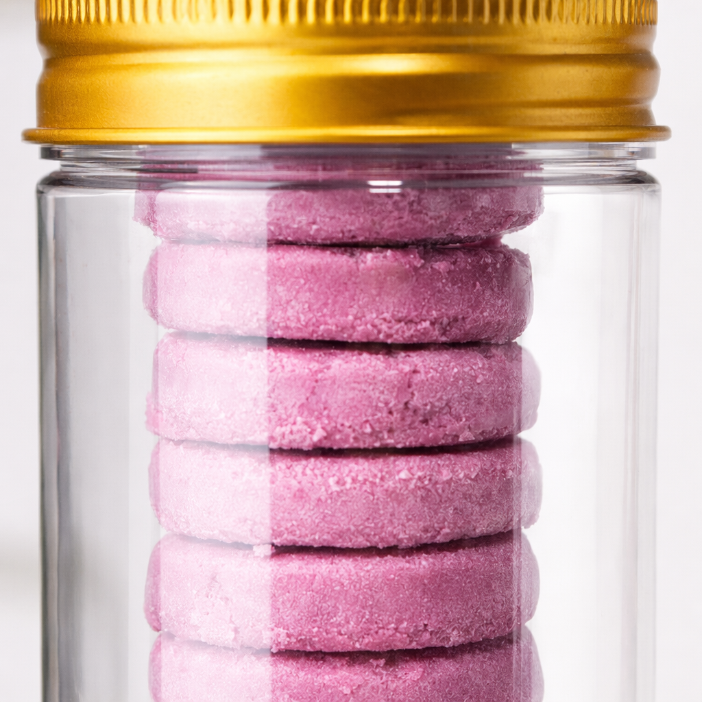 Pet freeze-dried snack: Dragon fruit doughnut, transparent cylindrical bottle with golden cap Application Scenario