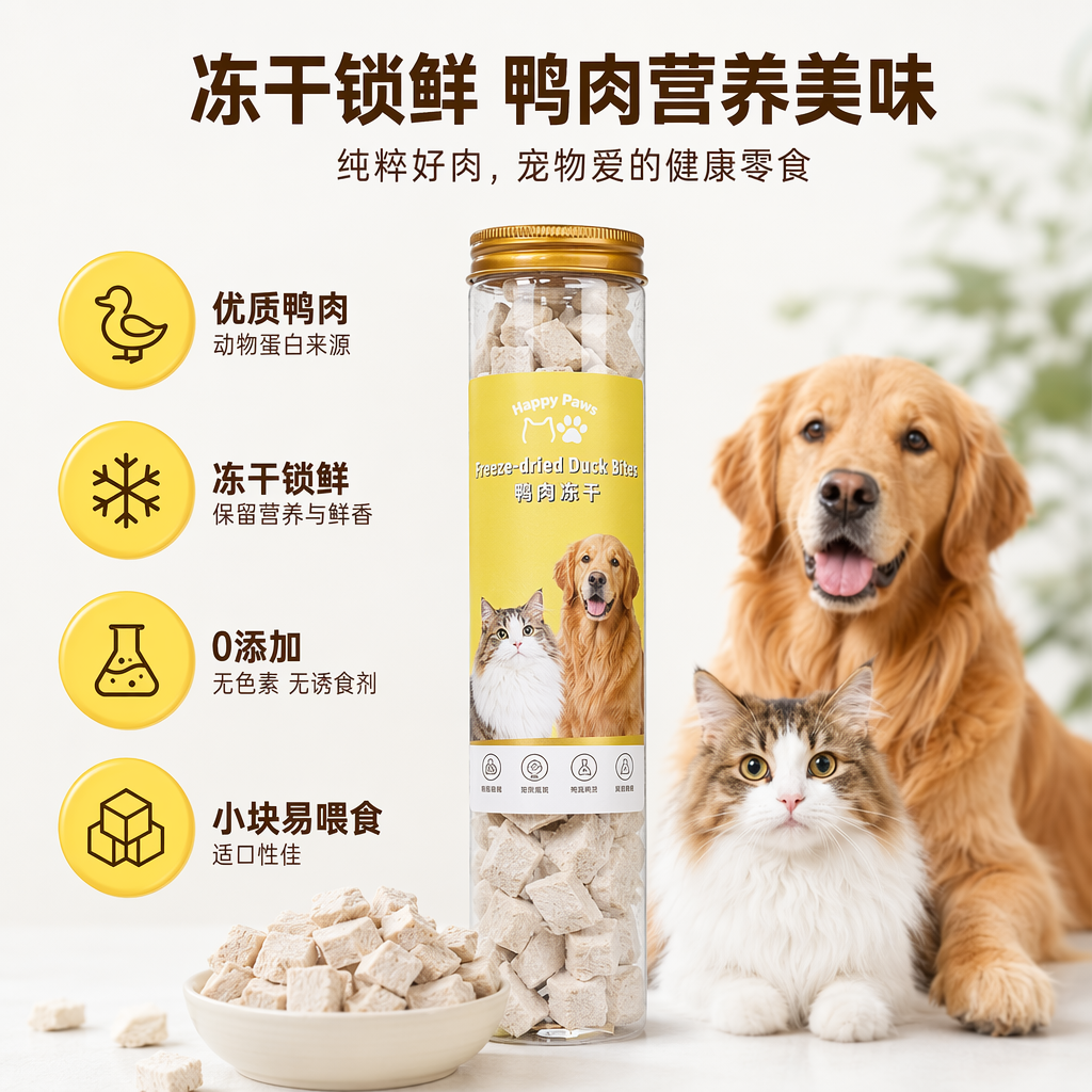 透明圆柱瓶装冻干鸭肉块零食浅褐色金色瓶盖黄色标签