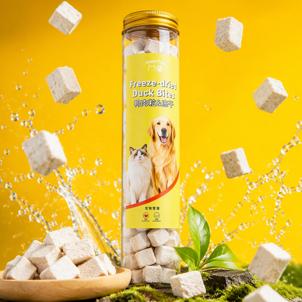 Transparent cylindrical bottles of freeze-dried duck meat snacks, light brown with golden caps and yellow labels Specification image