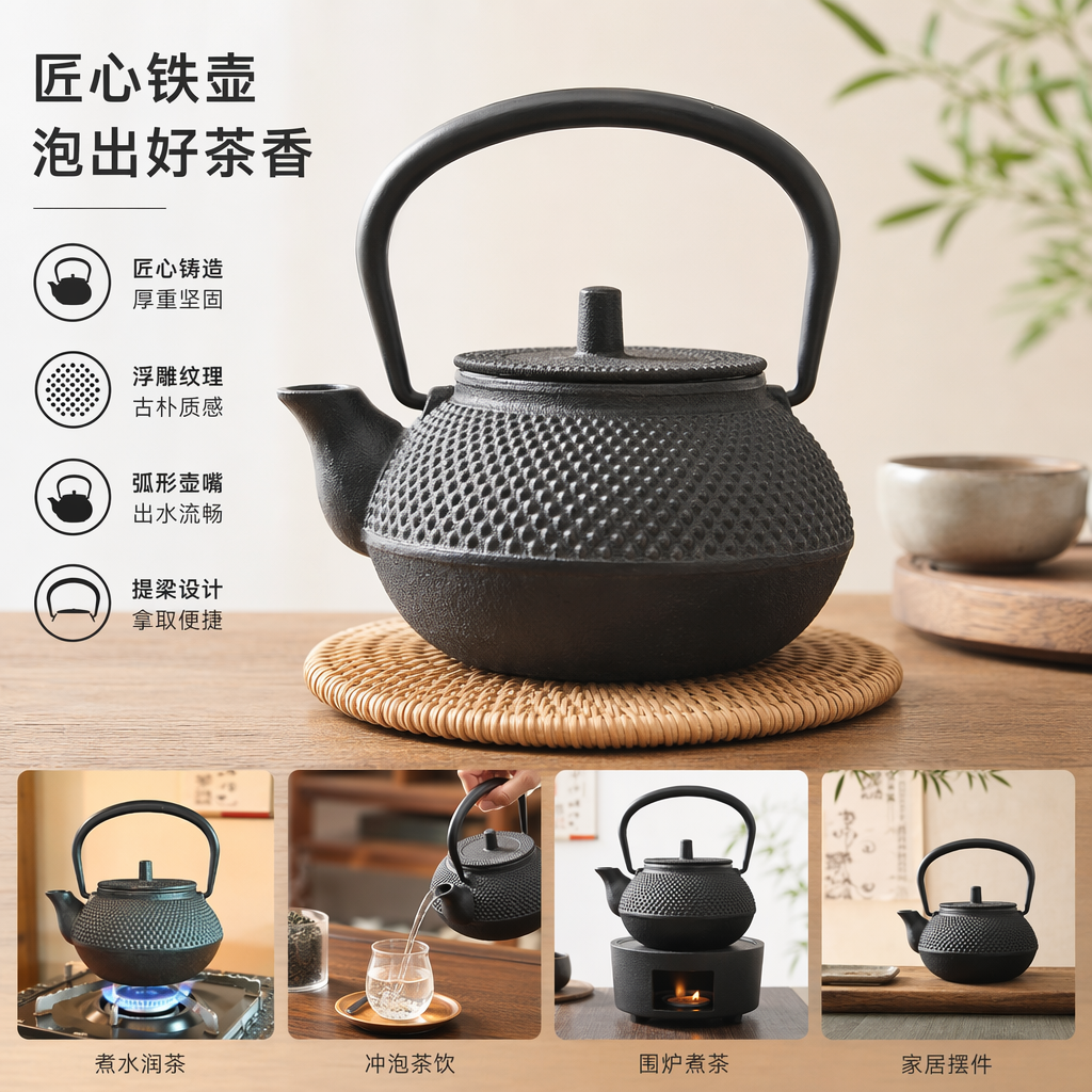 黑色铸铁茶壶手工精铸保温耐用煮茶烧水家用