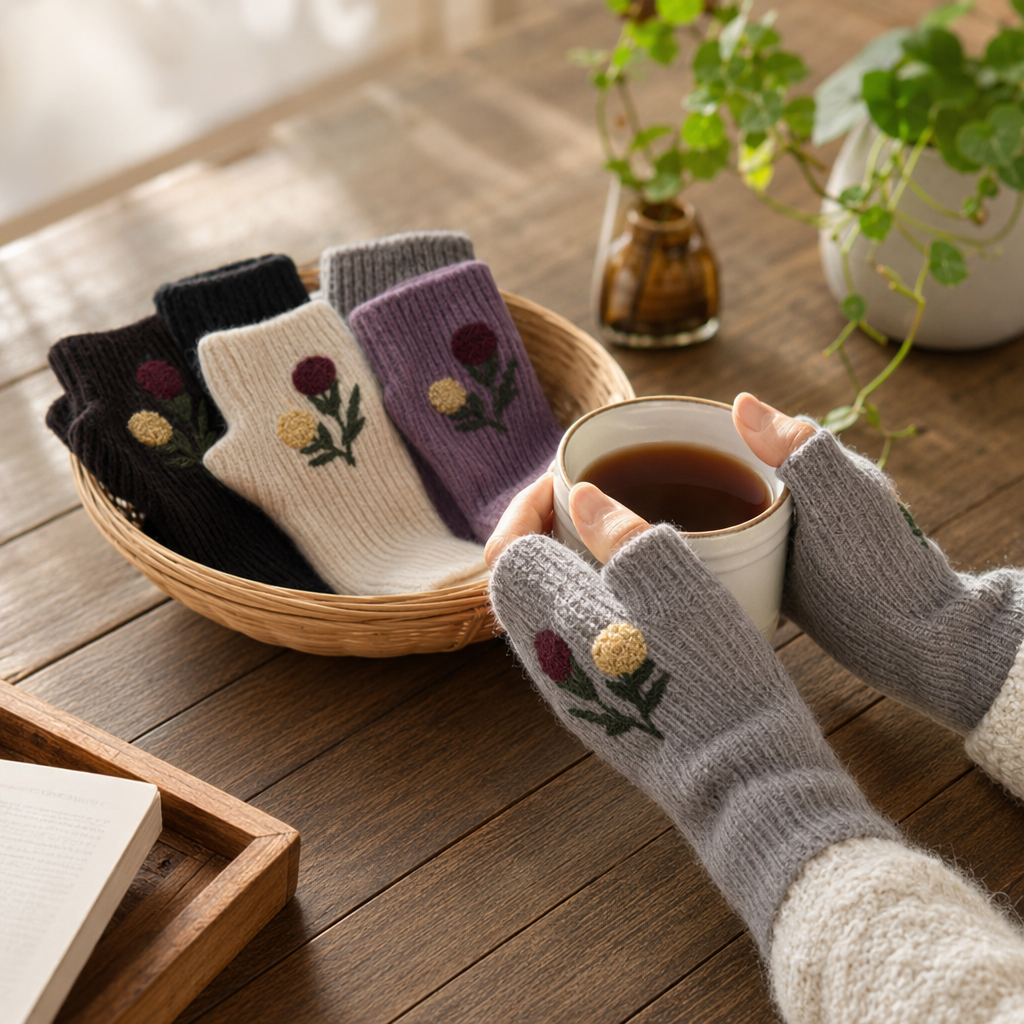The grey knitted floral embroidered gloves are available in four colors: dark grey, off-white, light purple, black and white for display on the countertop details Picture