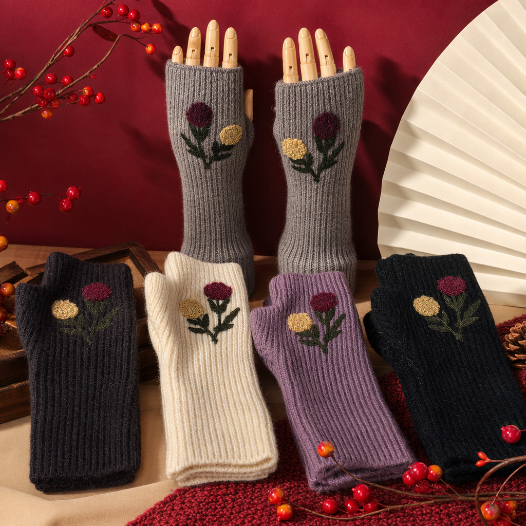 The grey knitted floral embroidered gloves are available in four colors: dark grey, off-white, light purple, black and white for display on the countertop Specification image
