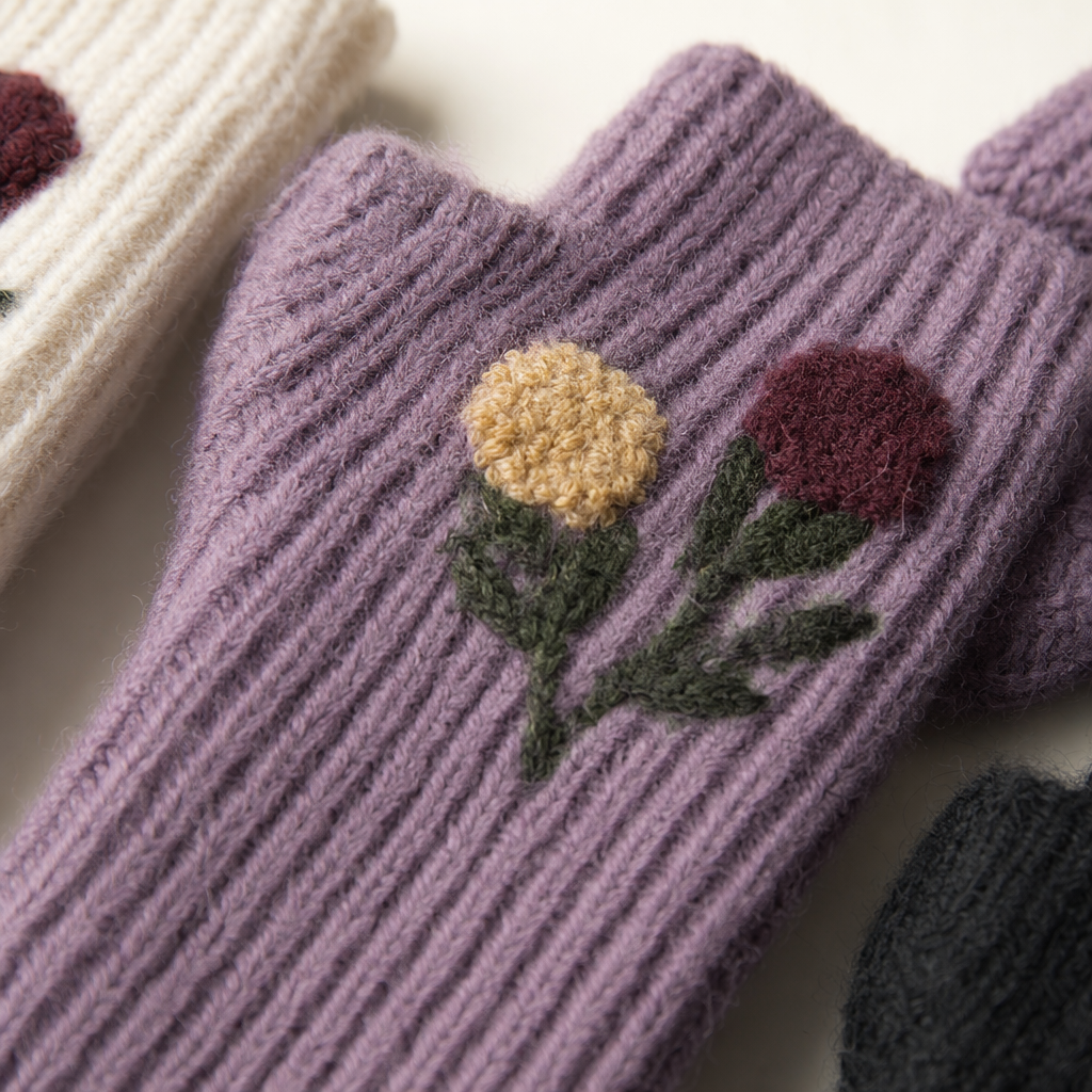 The grey knitted floral embroidered gloves are available in four colors: dark grey, off-white, light purple, black and white for display on the countertop Application Scenario