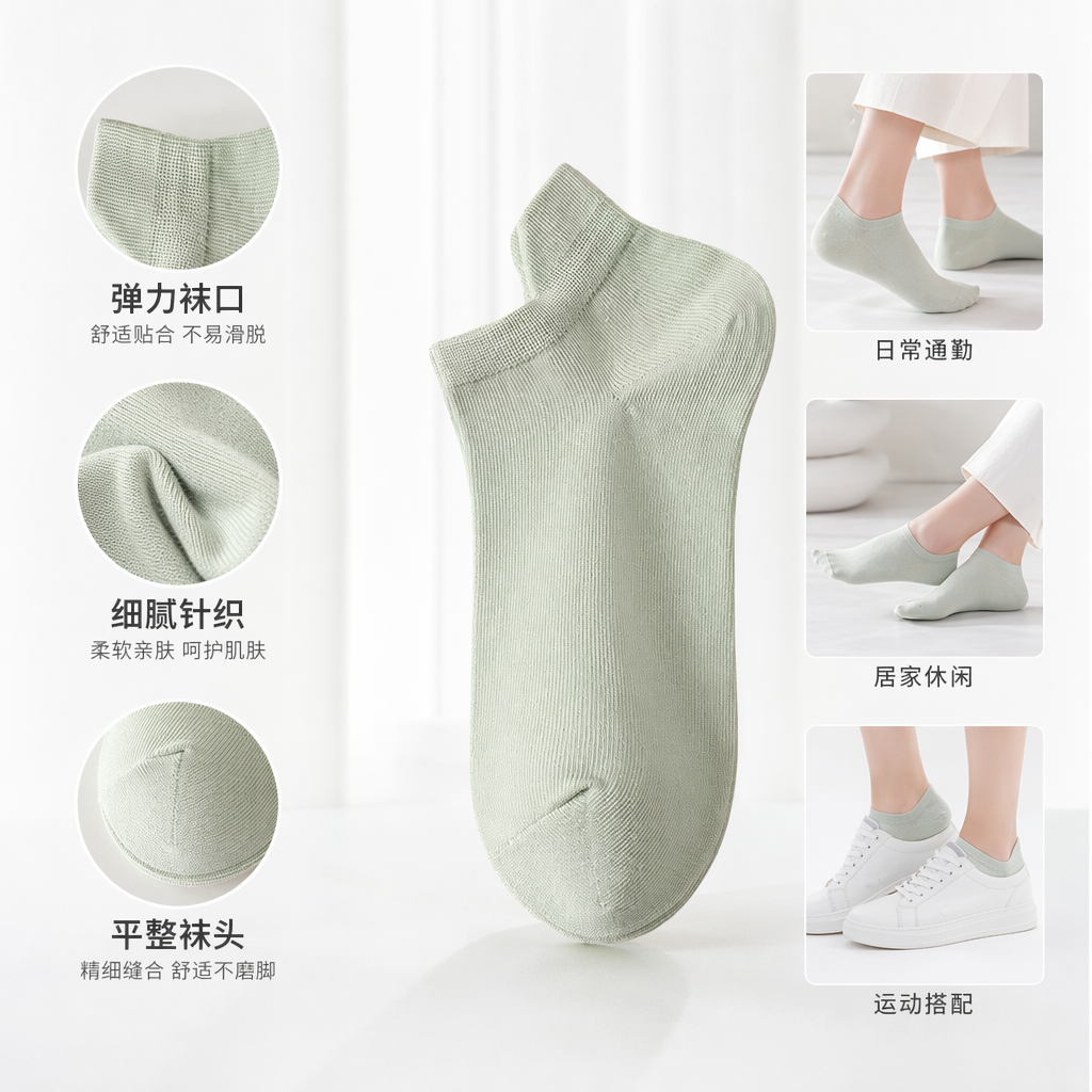 浅绿色纯棉短袜男女同款吸汗透气舒适百搭