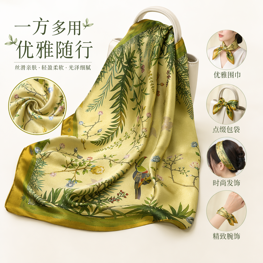黄色丝质印花方巾真丝小方巾女士春夏围巾装饰 scarf