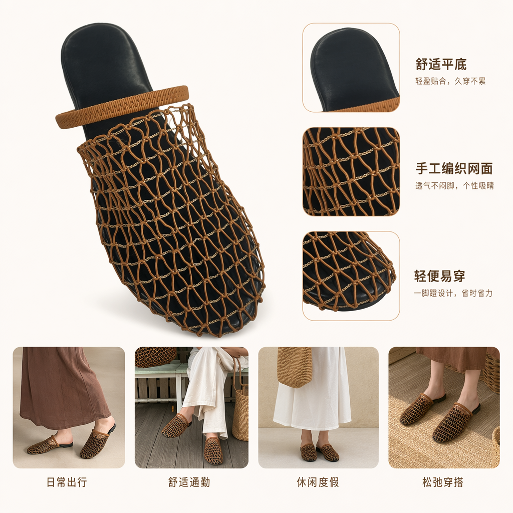 Brown mesh decorated black slippers for women, summer breathable and anti-slip casual home cooling slippers