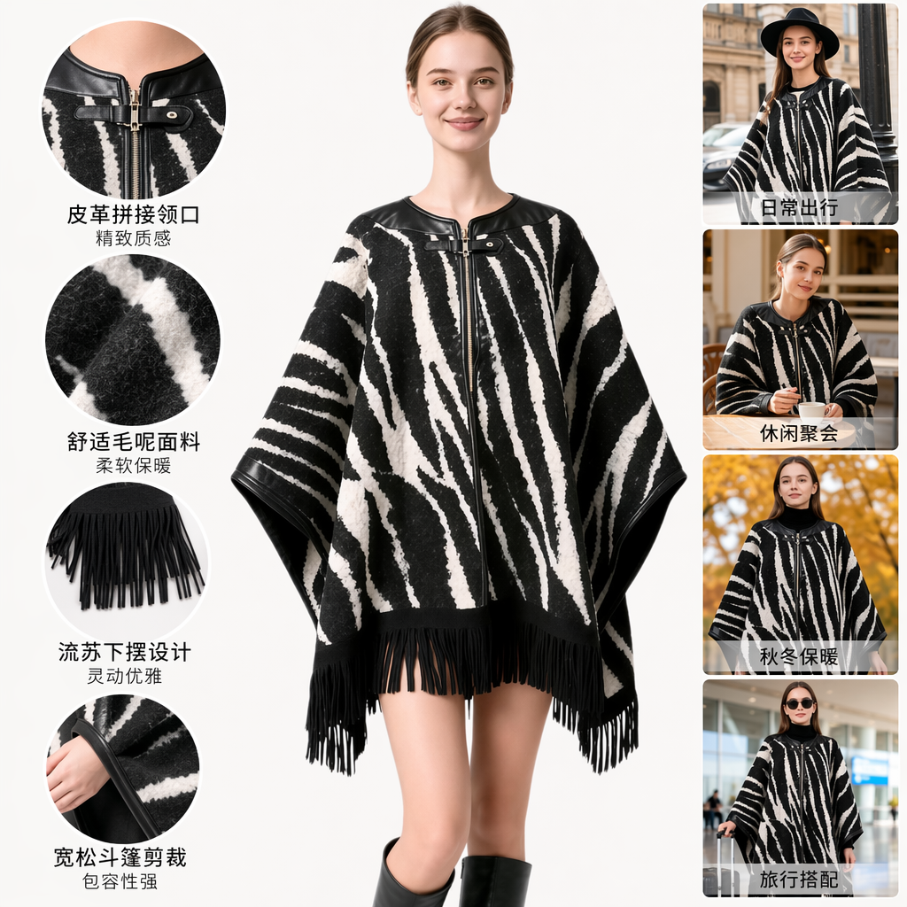 A black and white zebra-patterned fringed cape for women to wear as a fashionable and warm shawl in autumn and winter A black and white zebra-patterned fringed cape for women to wear as a fashionable and warm shawl in autumn and winter