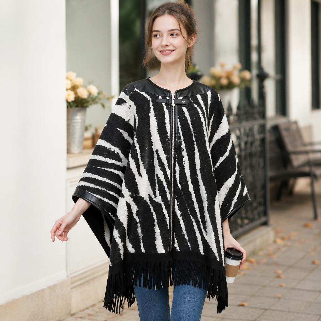 A black and white zebra-patterned fringed cape for women to wear as a fashionable and warm shawl in autumn and winter details Picture