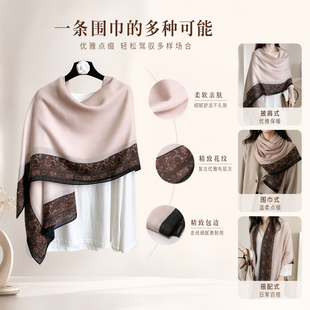 Light pink scarf with brown Paisley pattern and black trim, warm for ladies in autumn and winter