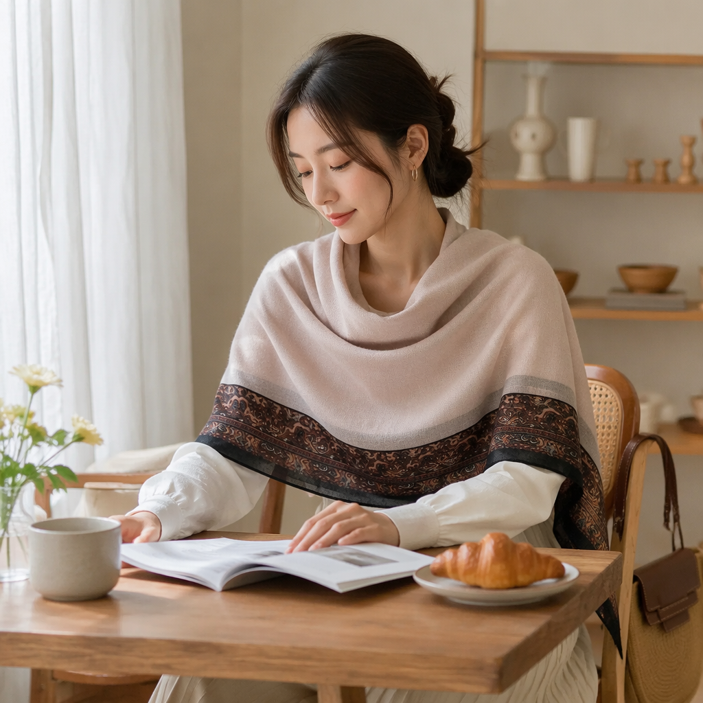 Light pink scarf with brown Paisley pattern and black trim, warm for ladies in autumn and winter details Picture