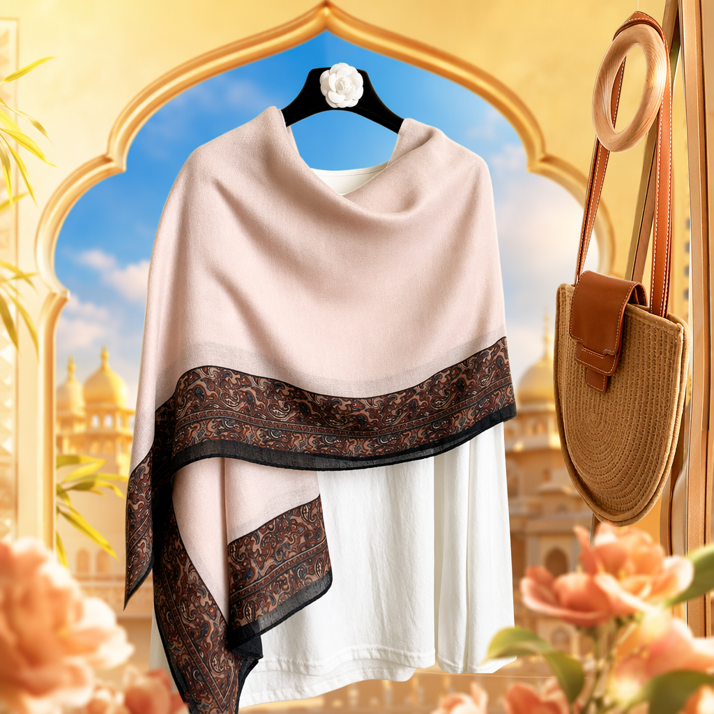 Light pink scarf with brown Paisley pattern and black trim, warm for ladies in autumn and winter Specification image
