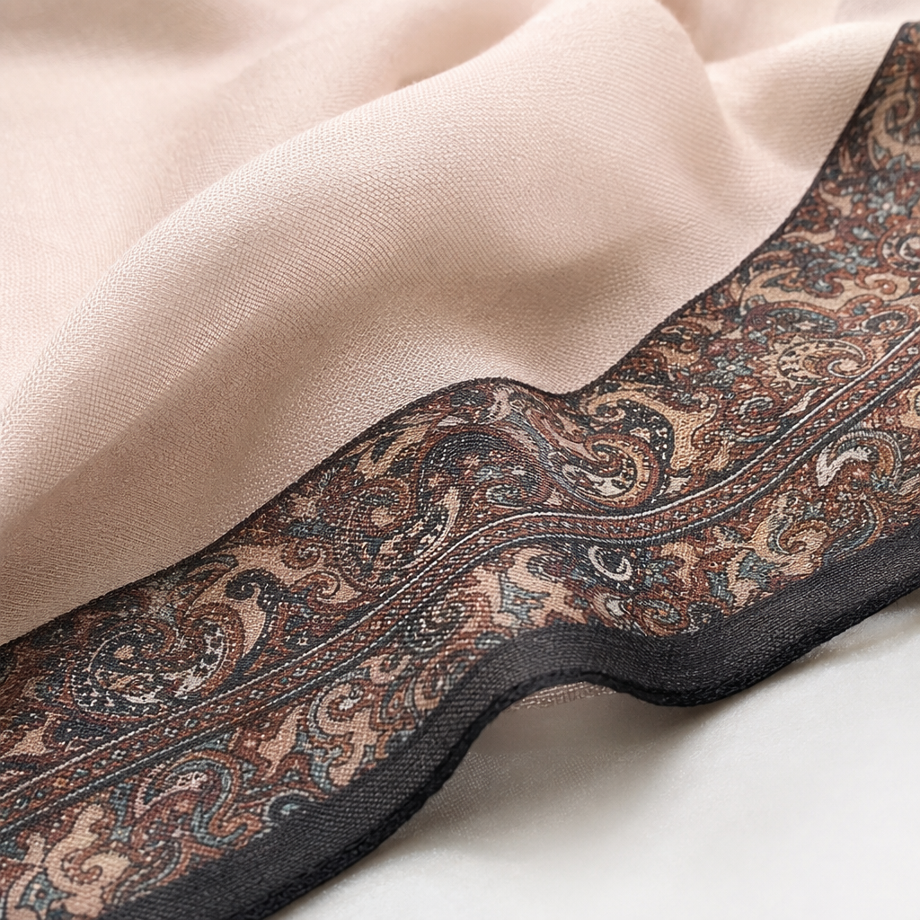 Light pink scarf with brown Paisley pattern and black trim, warm for ladies in autumn and winter Application Scenario