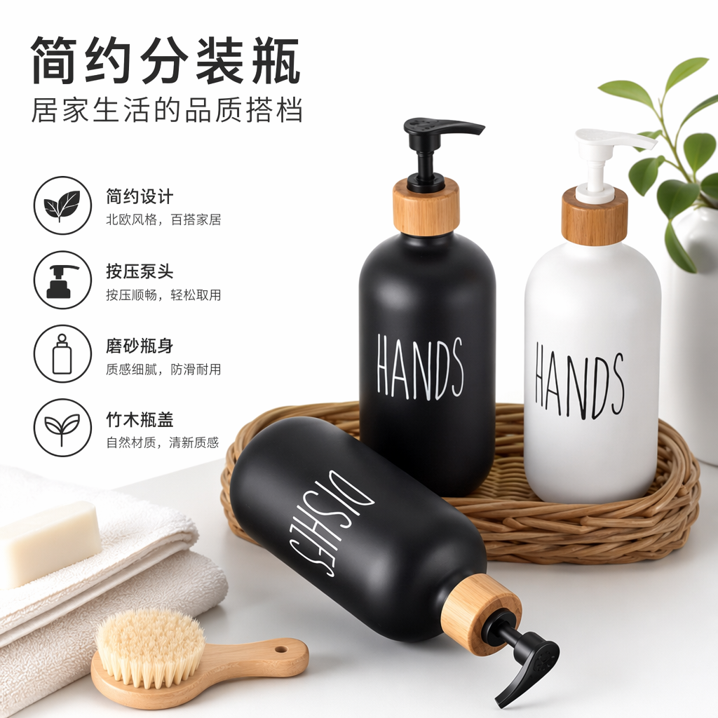 黑色白色磨砂玻璃按压瓶 竹制瓶盖 黑白泵头 HANDS DISHES 佳诚