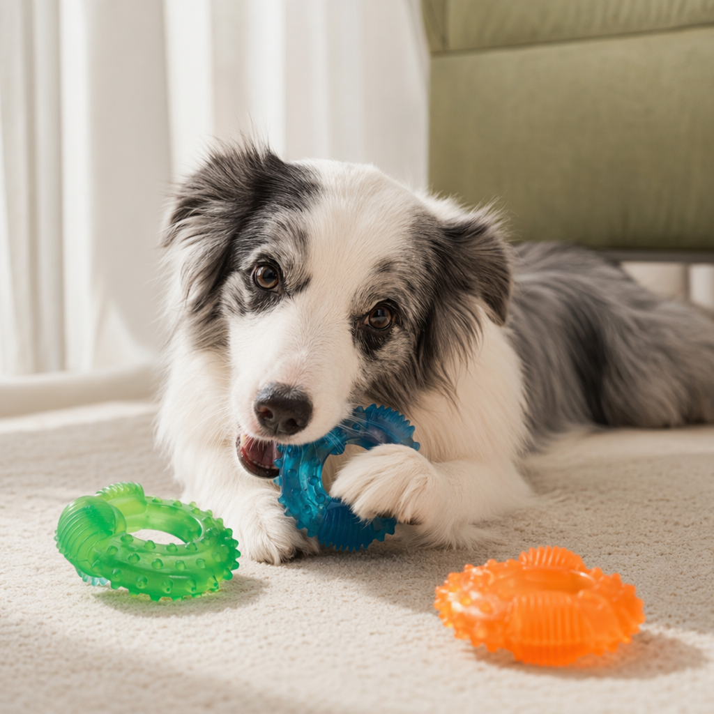 Colorful double-ball small tire jelly gradient pet teething toy, ring-shaped with protrusions, dog special orange pallet packaging