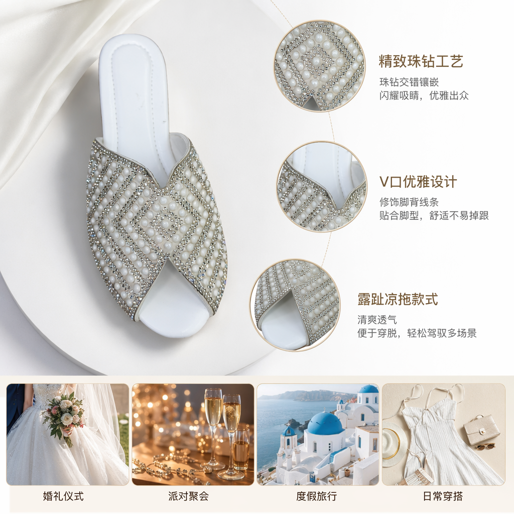 White diamond-encrusted pearl decorated mules for women's summer breathable single shoes
