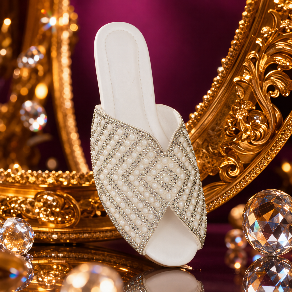 White diamond-encrusted pearl decorated mules for women's summer breathable single shoes Specification image