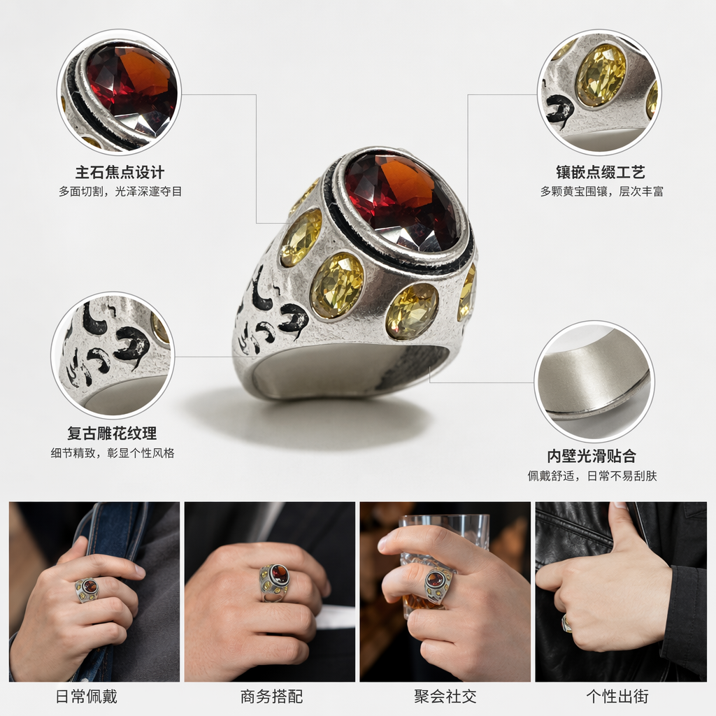 银色戒指搭配红黄宝石时尚简约女士指环