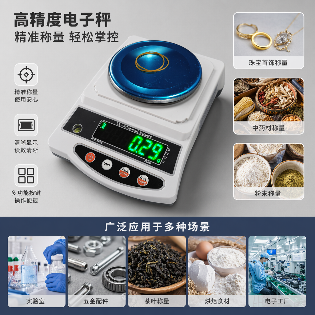 The electronic balance can be charged with different precision levels of 0.01/0.001×0.1 grams