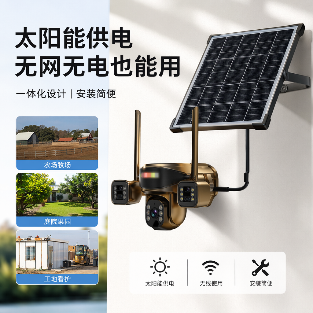 Black solar-powered surveillance camera, outdoor wind-resistant aluminum shell, 1080P wireless long battery life