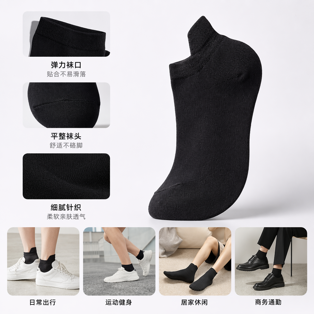 黑色纯棉短袜 男女同款吸汗透气运动休闲袜