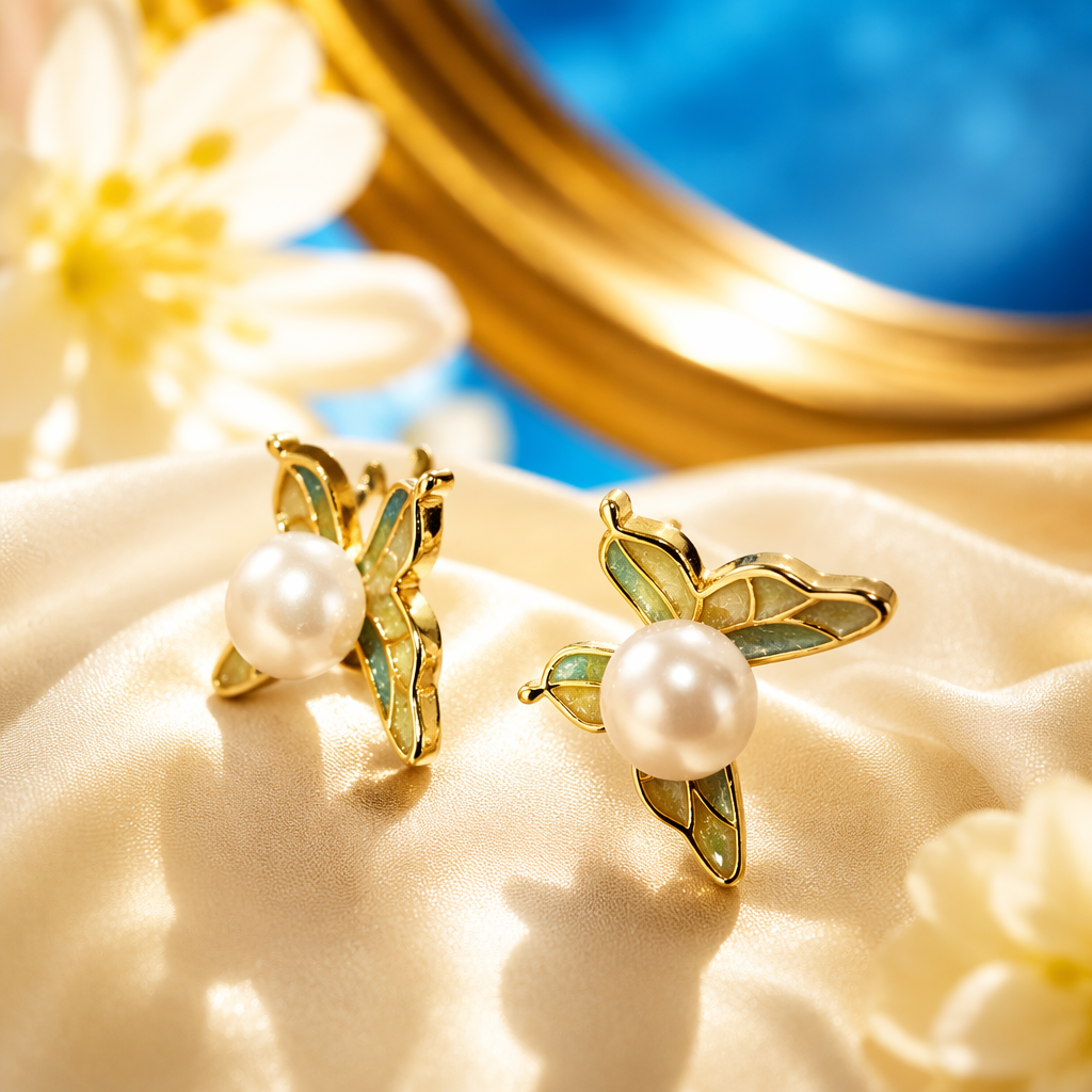 Golden butterfly pearl stud earrings 925 Silver needle anti-allergy light luxury style earrings Specification image