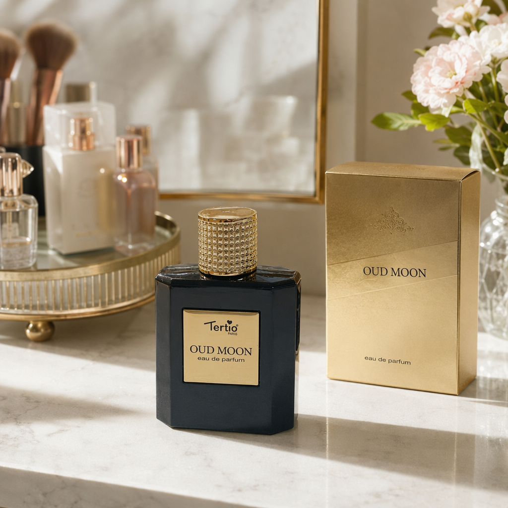 A high-end and simple fragrance gift box with a golden packaging box and a black perfume bottle details Picture