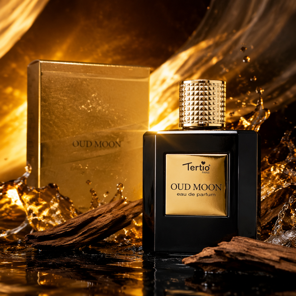A high-end and simple fragrance gift box with a golden packaging box and a black perfume bottle Specification image