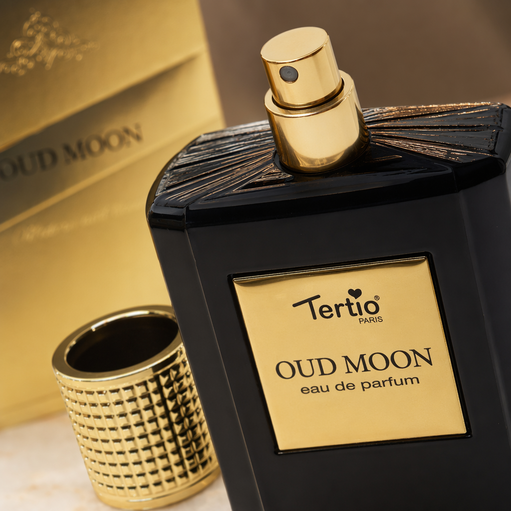 A high-end and simple fragrance gift box with a golden packaging box and a black perfume bottle Application Scenario