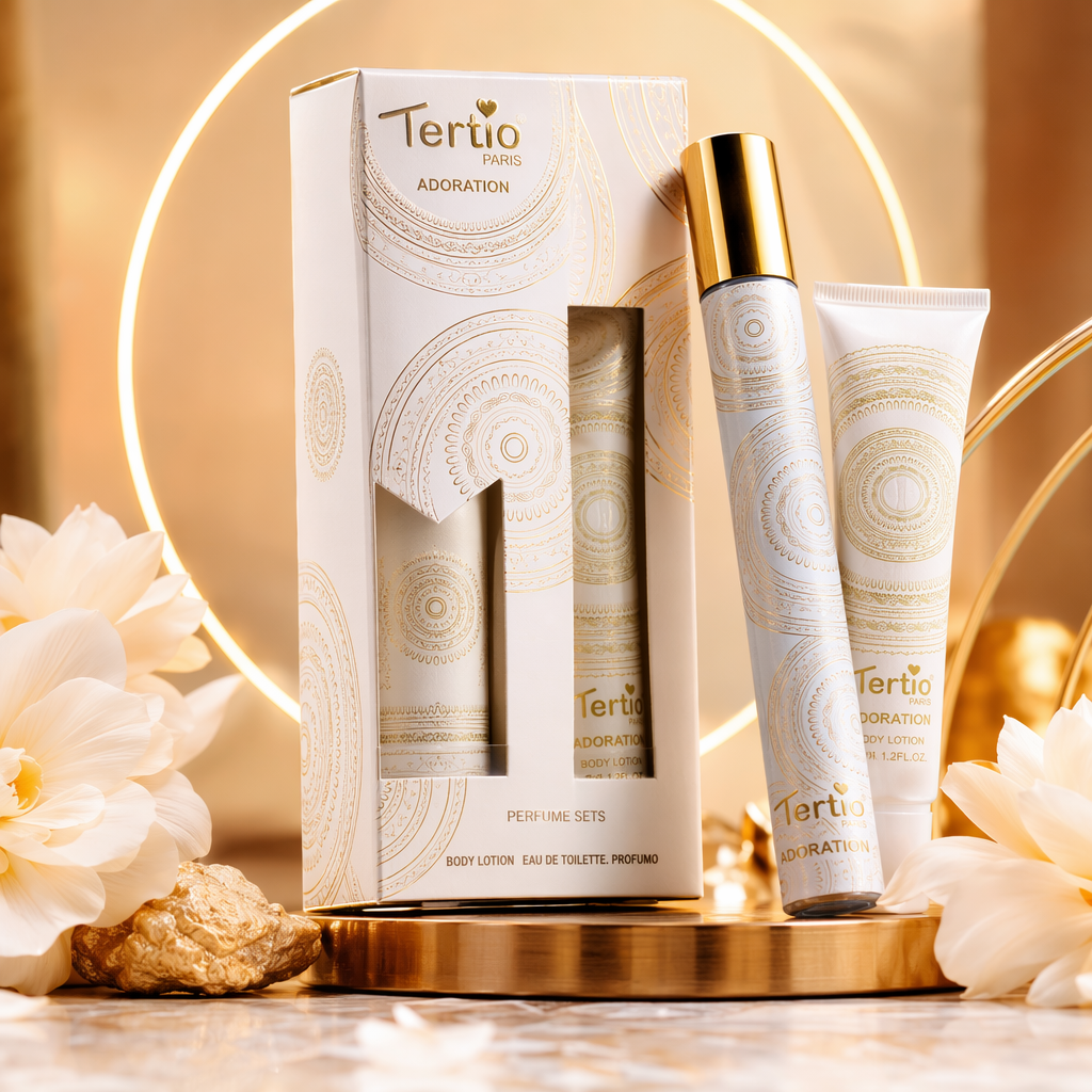Tertio Paris ADORATION Gold Pattern White Gift Box Perfume Set contains 35ml Body lotion Eau de Toilette Fragrance combination Specification image